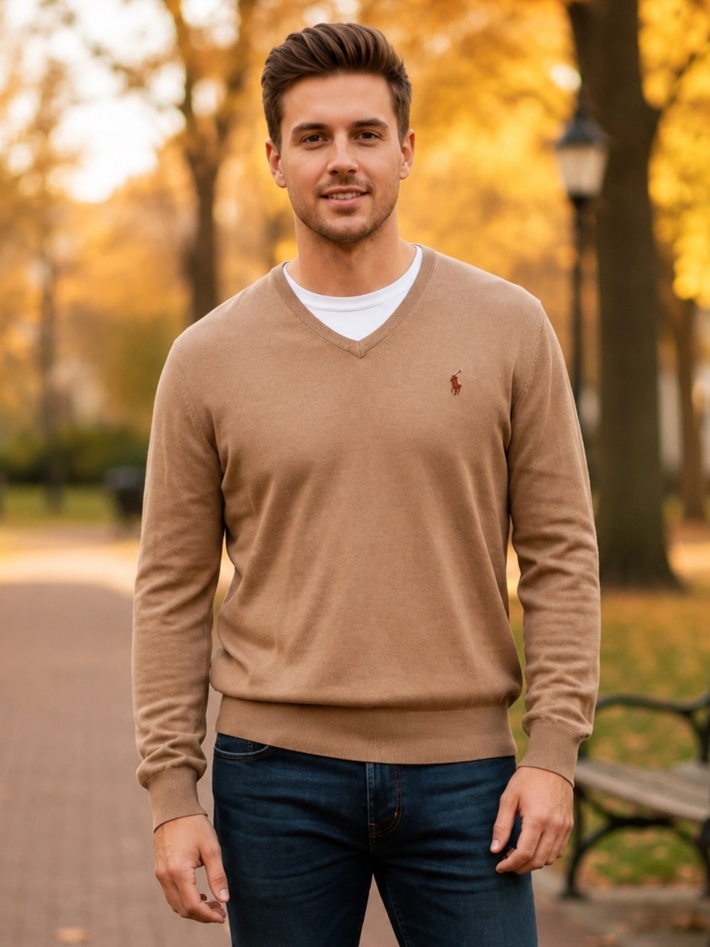 Polo Ralph Lauren Sweater Mens Pima Cotton L Beige V-Neck Pullover Pony Logo